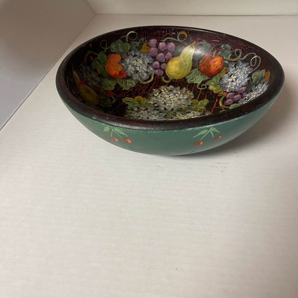 Hand Painted Wood Fruit Bowl Vintage 10” Home Decor Kitchen Dish Original Art